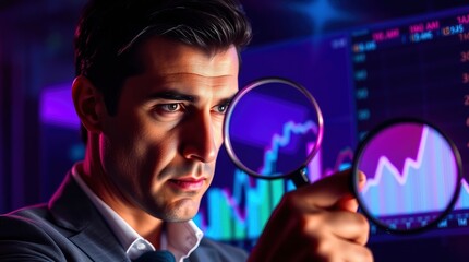 Intrigued Analyst: Examining Neon Stock Market Graph with Magnifiers