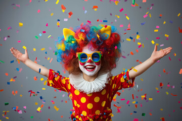 A girl dressed as a clown with a colorful wig and glasses, wearing a polka-dot outfit, smiling with open arms during a carnival. Carnival, costume parties, and children's celebrations.