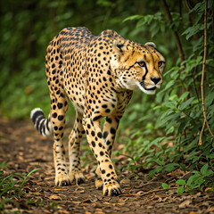 Obraz premium Wildlife action shot of a cheetah running and walking across the African savanna jungle at high speed