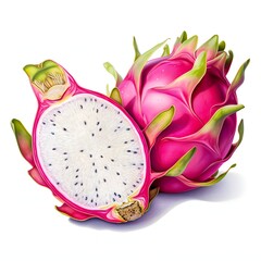 Dragon Fruit Whole And Half clipart. Digital watercolor clipart. Detailed illustration