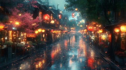 Rainy Night Street Scene In A Vibrant Asian City