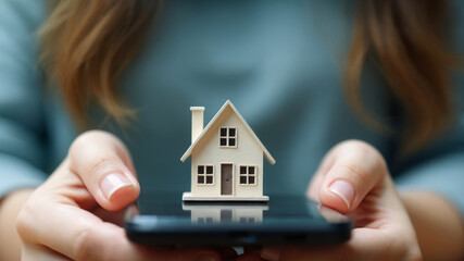 Exploring real estate options with a smartphone showcasing a miniature house