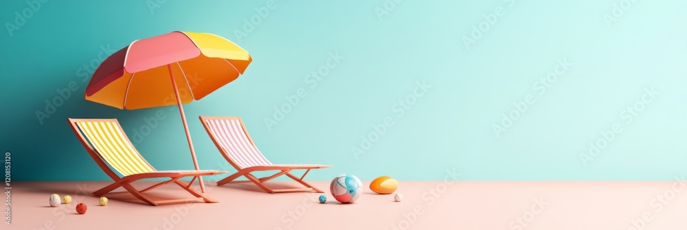 Aufkleber two empty beach chairs under a colorful beach umbrella stand on a pink sand beach with beach balls a