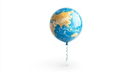 A helium balloon shaped like a globe with realistic earth patterns isolated on a white backdrop 