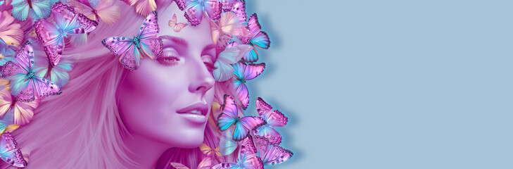Naklejka premium International Women's Day March 8 art poster with beautiful young woman's face close-up and butterfly arrangement on blue background.