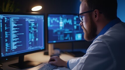 A focused individual analyzes data on multiple computer screens in a dimly lit environment.