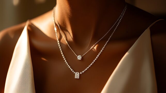 A woman wearing a necklace with a diamond pendant