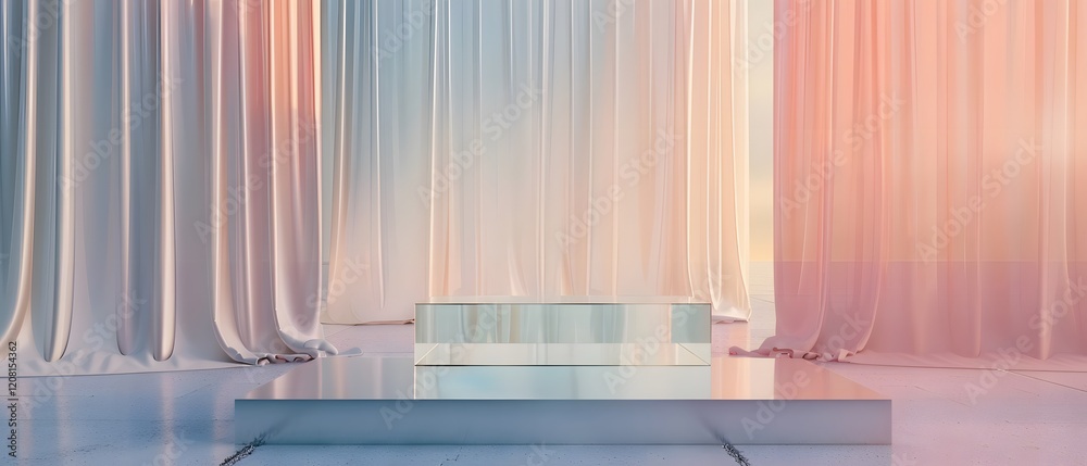 Poster Elegant Display Space with Gradients and Flowing Curtains Ideal for Showcases, Product Presentations, and Artistic Displays in Soft Pastel Colors and Minimalist Design