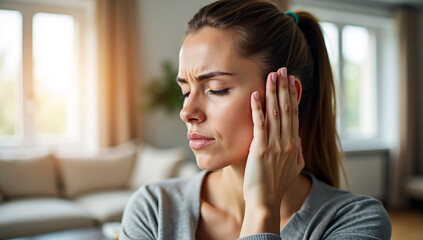 Woman Covering Ear with hand - Tinnitus Discomfort - Generative AI