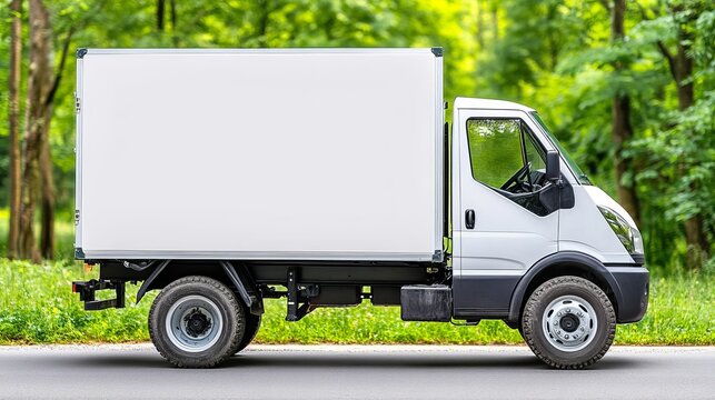 A white cargo truck parked on a tree-lined street, showcasing a clean and minimalist design, ideal for transportation and delivery purposes. mockup of delivery truck