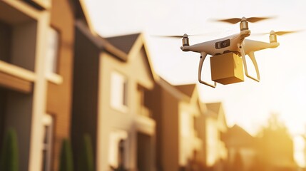 A drone delivering a package over residential houses at sunset.