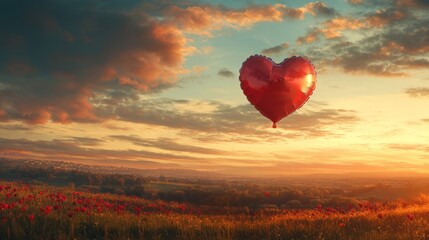 Obraz premium Â· A heart-shaped balloon floating in the sky over a scenic romantic landscape