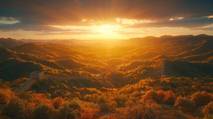 Autumn sunset over Great Wall of China