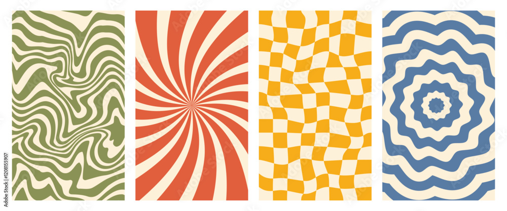 Wall mural vector groovy poster set. chessboard and twisted backgrounds in trendy retro 70s style. twisted and 