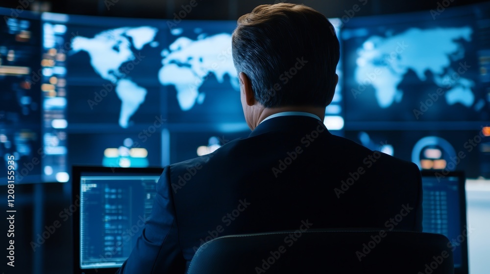 Poster a person in a suit working at a computer, surrounded by multiple digital screens displaying data.