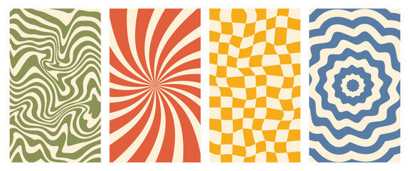 Vector groovy poster set. Chessboard and twisted backgrounds in trendy retro 70s style. Twisted and distorted patterns.