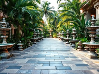 Fototapeta premium An elegant stone walkway lined with ornate fountains and surrounded by lush tropical plants, peaceful ambiance, illuminated paths
