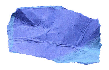 Blue crumpled wrinkled torn piece of blank paper note cardboard with texture and copy space, close up transparent png background isolated cut out design element