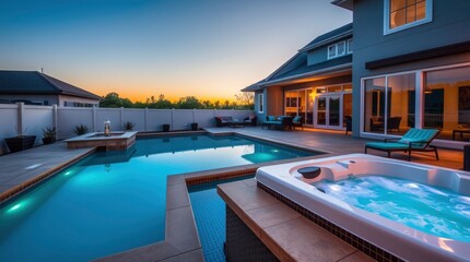 Fototapeta premium Serene Twilight Poolside: Modern Home with Hot Tub and Sunset