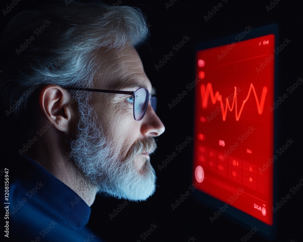 Poster Older Man Analyzing Digital Data on Red Interface Display in Dark Room