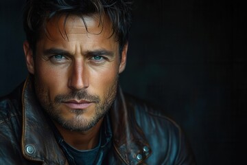 Fototapeta premium closeup of a man in a leather jacket showcasing his rugged style and confident demeanor framed against a dark edgy background that enhances his presence