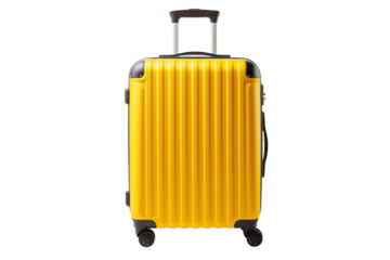Bright yellow suitcase ready for travel in a minimalist setting with white background isolated on transparent background