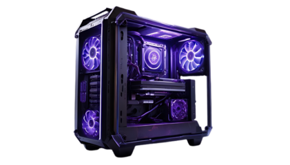 3D rendering of a computer case. The case is black in color and has a sleek and modern design. It has a large window on the front, allowing natural light to enter the interior. 