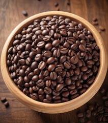 Fototapeta premium Aromatic coffee beans stacked in a wooden bowl , tableware, morning