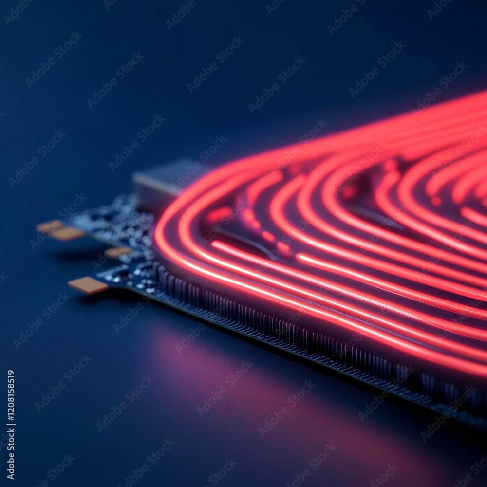 Poster Sleek Gaming Graphics Card with Neon Glow and Metallic Finish in Dark Ambient Lighting