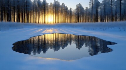 Obraz premium Winter Sunset Over Frozen Pond In Pine Forest