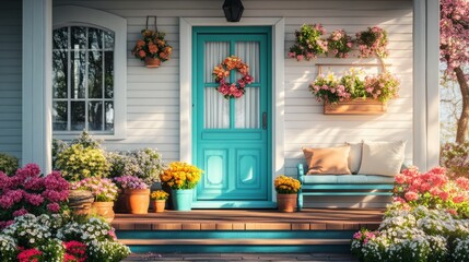 Charming front porch with colorful flowers in pots, a teal front door, and a cozy bench with cushions, sunny spring day generative ai