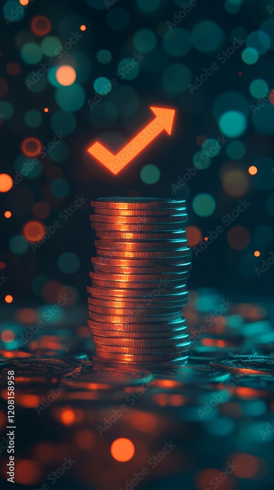 Poster Stack of coins representing increasing value with upward arrow symbolizing investment growth and positive financial returns on a blurred background with bokeh effect