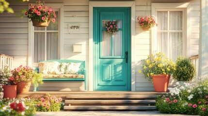 Charming front porch with colorful flowers in pots, a teal front door, and a cozy bench with cushions, sunny spring day generative ai