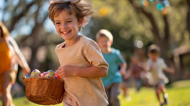 Cheerful kids gathering colorful easter eggs, running across grassy park, smiling under bright sunlight