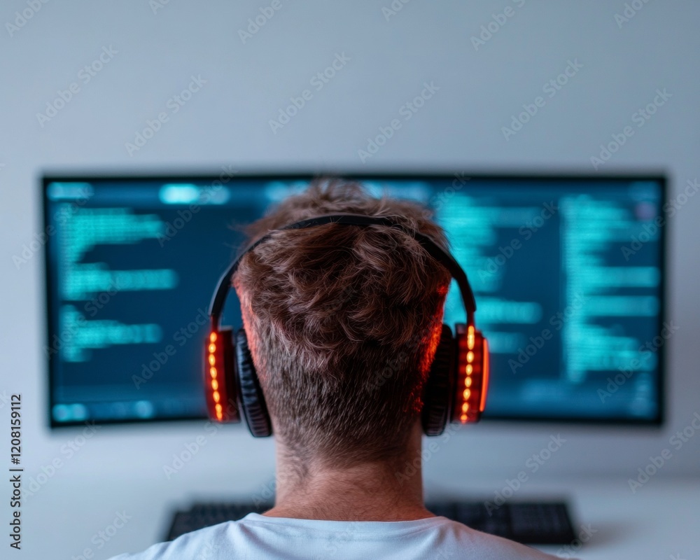 Poster Modern Gaming Setup Dual Monitors with Code Display and RGB Headset in Minimalist Workspace
