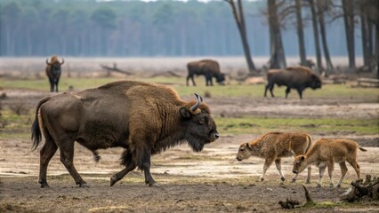 Fototapeta premium Aurochs roaming in the wild with other animals, wild cattle, nature scenery, wildlife, aurochs, woodland