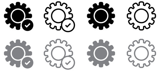Gear icon set, gear with check mark icon tick symbol. black gear wheel icons collection. Cogwheel vector icon.