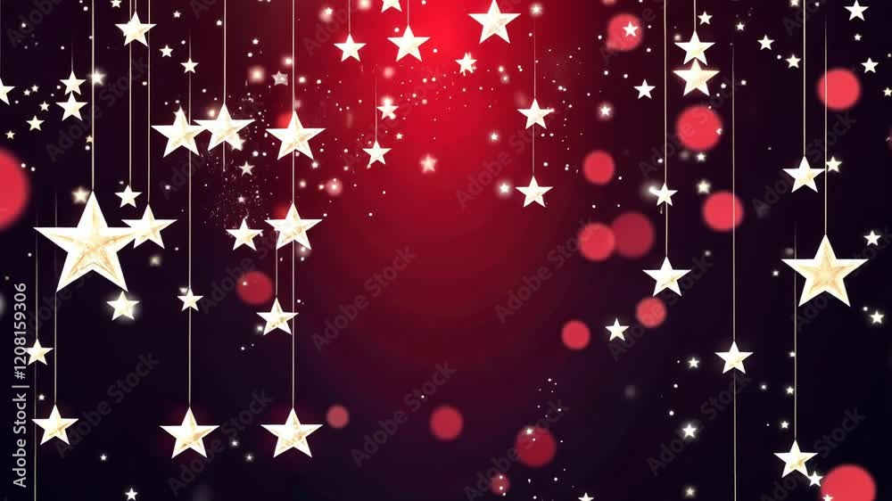 Poster A red background with stars hanging from the ceiling. The stars are scattered all over the background. The stars are of different sizes and are hanging from different strings