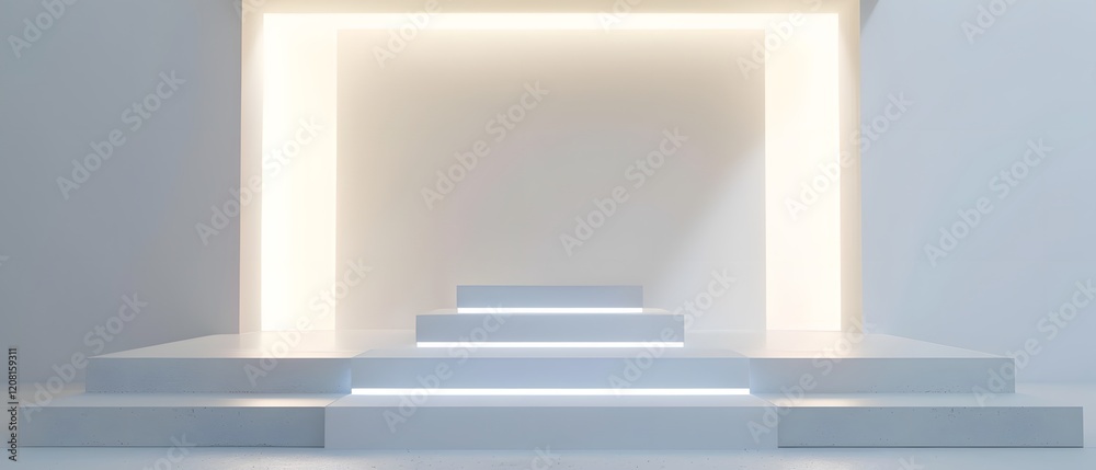 Poster modern minimalist stage design with dramatic lighting creating a serene atmosphere, ideal for events