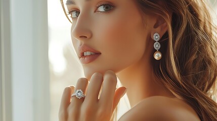 A woman is wearing a diamond ring and pearl earrings