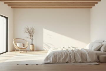 a bedroom with a white bed and wooden beams
