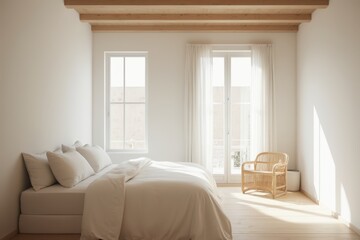 Fototapeta premium a bedroom with white walls and wooden beams