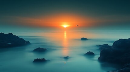 Fototapeta premium Serene Sunset Over Calm Ocean Rocks And Sky