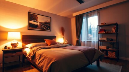 Warm Evening Bedroom: Cozy Bed, Artwork, and Bookcase
