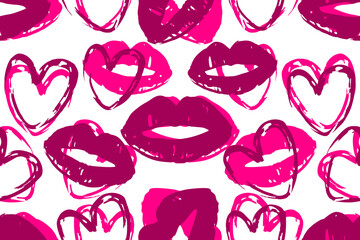 Lip prints with hearts  seamless pattern background.  Fashionable template for design.