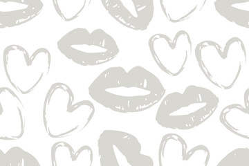Lip prints with hearts  seamless pattern background.  Fashionable template for design.