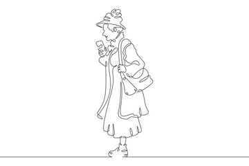 Continuous one line drawing old lady on a walk. Elderly woman with a smartphone. Pensioner taking pictures on her phone.One continuous line isolated minimal illustration.Not AI.