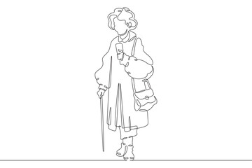 Obraz premium Continuous one line drawing old lady on a walk. Elderly woman with a smartphone. Pensioner taking pictures on her phone.One continuous line isolated minimal illustration.Not AI.