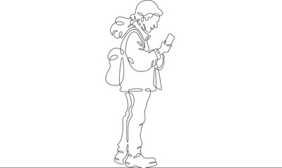 Continuous one line drawing old lady on a walk. Elderly woman with a smartphone. Pensioner taking pictures on her phone.One continuous line isolated minimal illustration.Not AI.