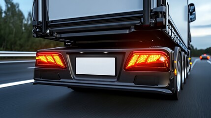 A low angle view of a modern black truck on the highway, showcasing bright red taillights and sleek design, embodying power and efficiency. number, registration, license plate mockup